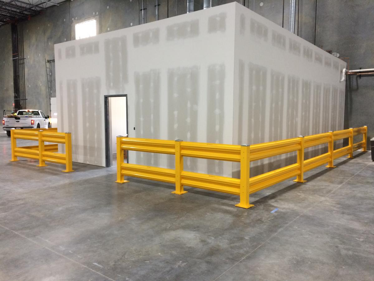 Warehouse guard rails are a critical safety component as a blockade against accidental hits from forklifts.