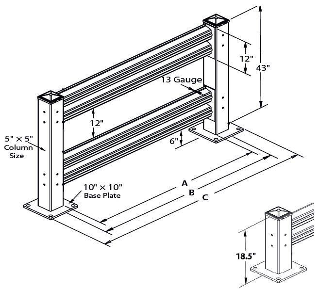 Handle It warehouse guard rail drawing showing dimensions