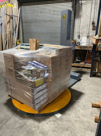 Mixed sizes of boxes wrapped on pallet wrapper