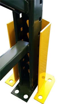 A Handle It P12 pallet rack post protector encases a standard 3’’ upright with an inset baseplate to protect it against forklift damage.