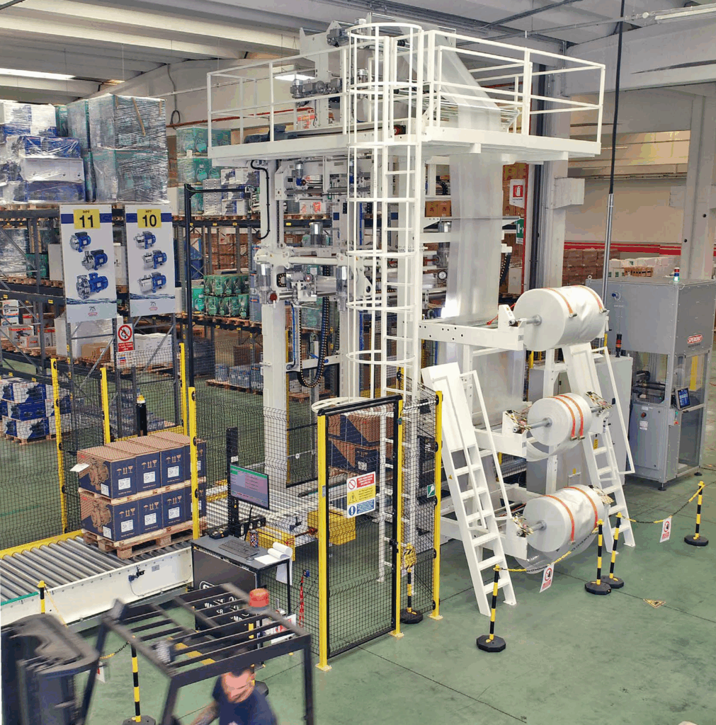 A SH-FA-6000 stretch hooding machine from Handle It wrapping boxes on a pallet.